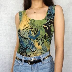 Colorful Stretchy Ribbed Floral Patterned Tank Top